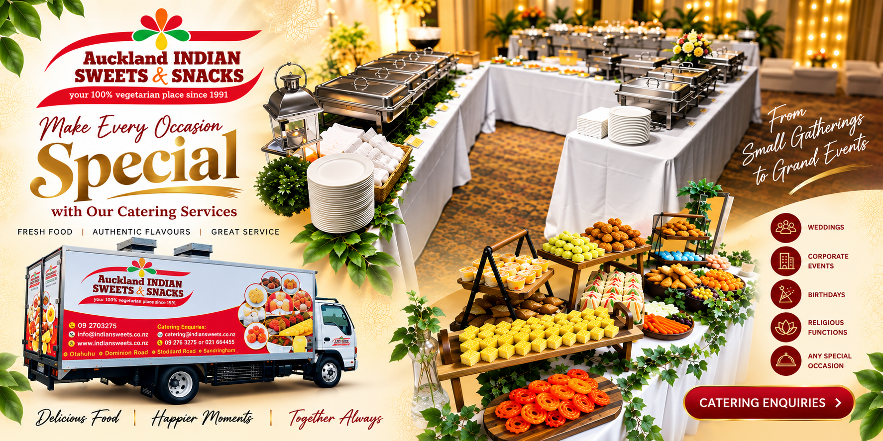 Catering buffet spread of Indian sweets and snacks